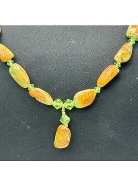 Vintage Chunky Turquoise Green Crystal Beaded Drop Necklace Sterling Silver 20"